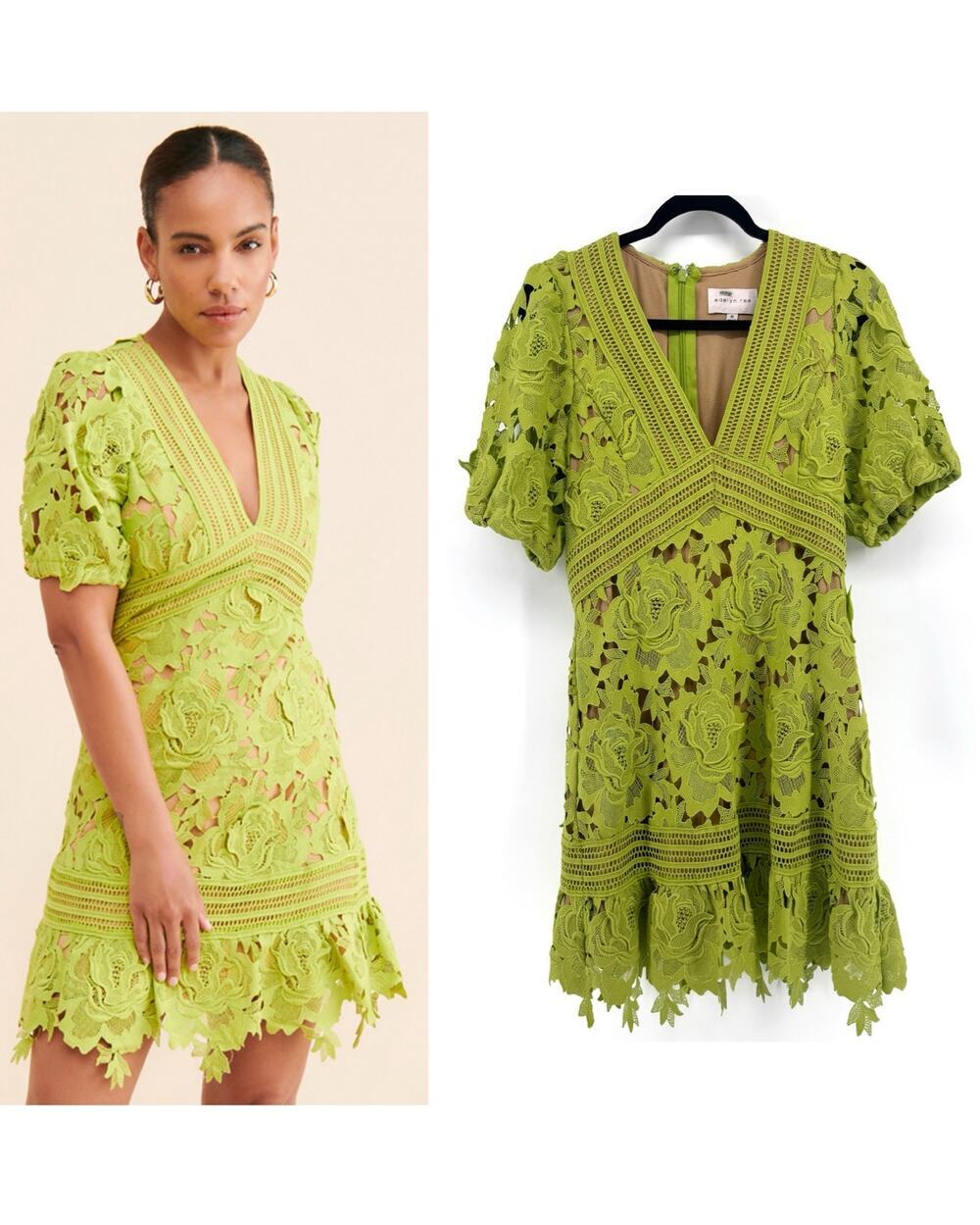 Adelyn Rae Adrian Lace Dress - Size Med - Lime Green V-Neck Floral Fit & Flare